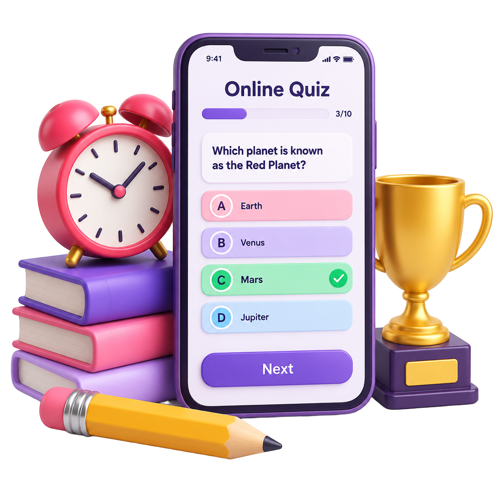 মোবাইলে অনলাইন MCQ পরীক্ষা, ঘড়ি, ট্রফি ও বই